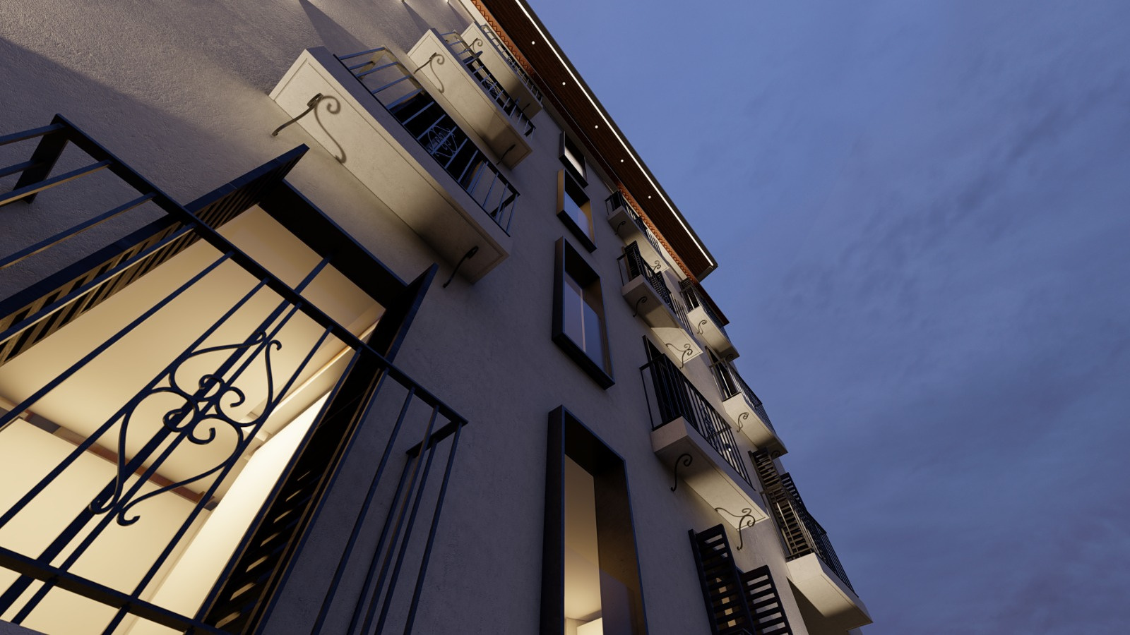 Proposed 3D render: Balcony details and proposed evening lighting.