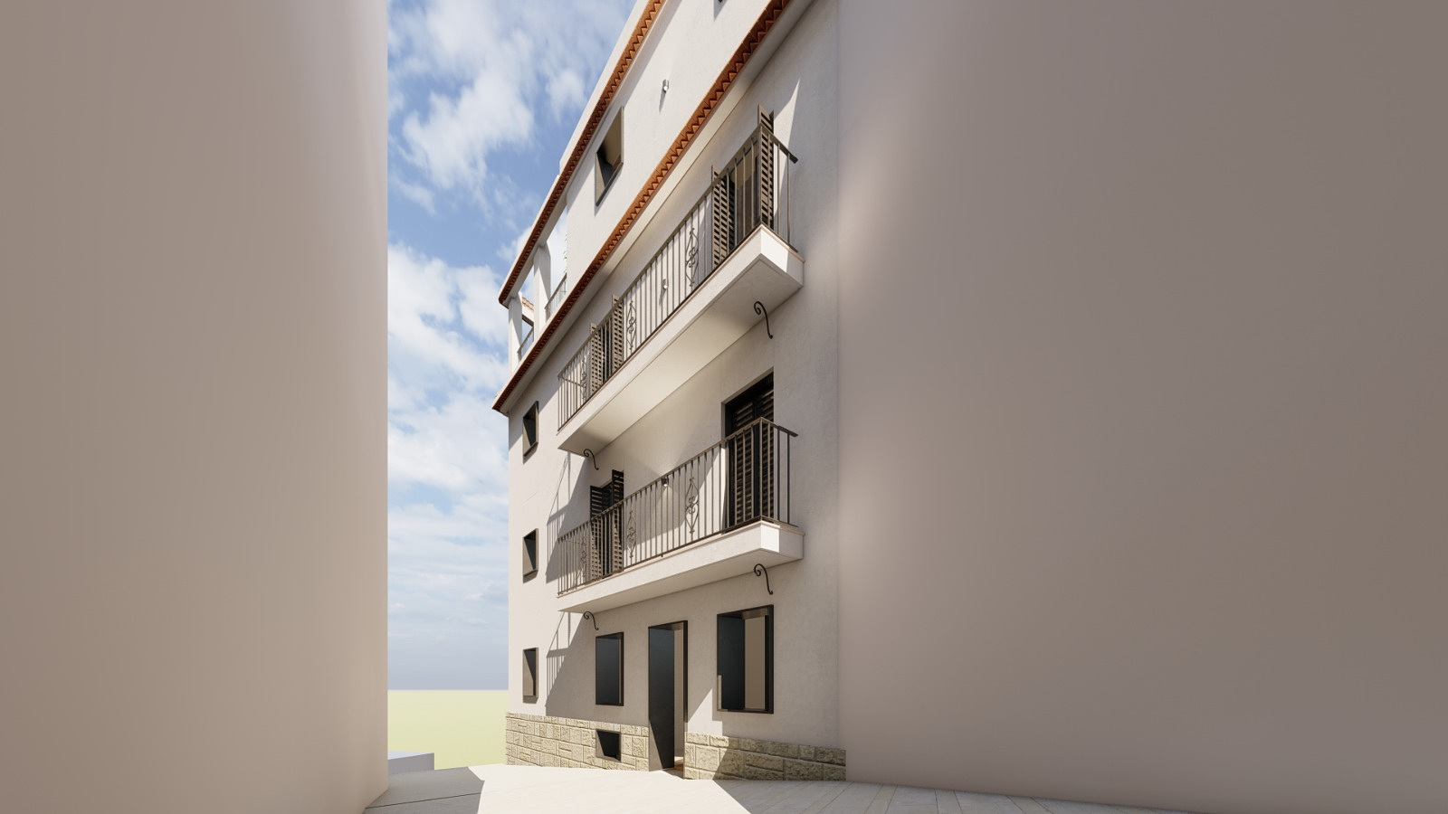 Proposed 3D render: Proposed side façade and balconies in daylight.