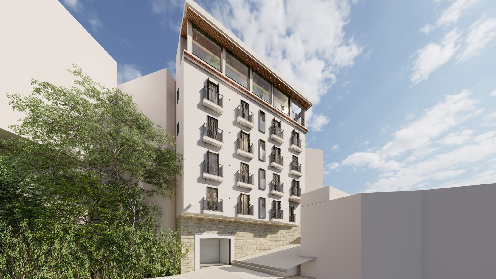 Proposed 3D render: Daylight overview of the proposed façade and rooftop.