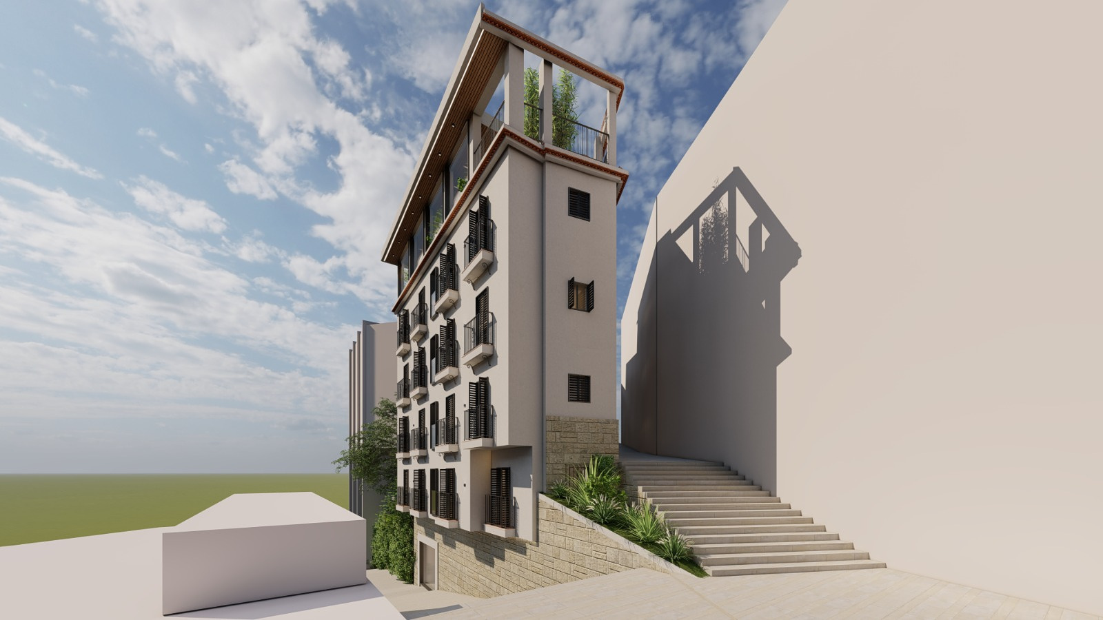Proposed 3D render: Proposed corner façade and adjoining staircase.